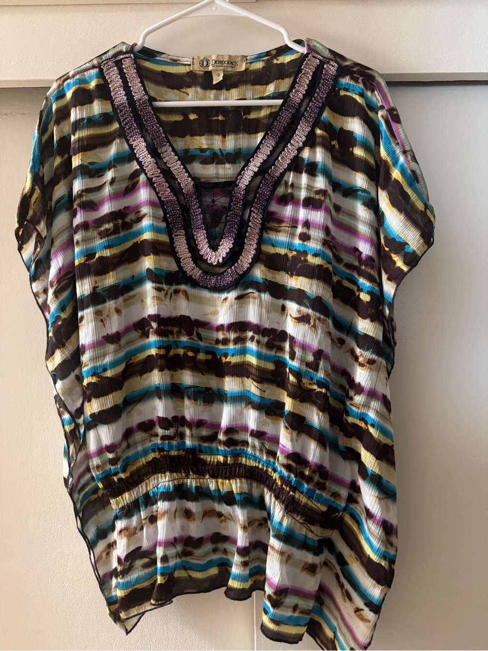 Democracy Striped Beaded Caftan Top in Teal, Purple & Brown